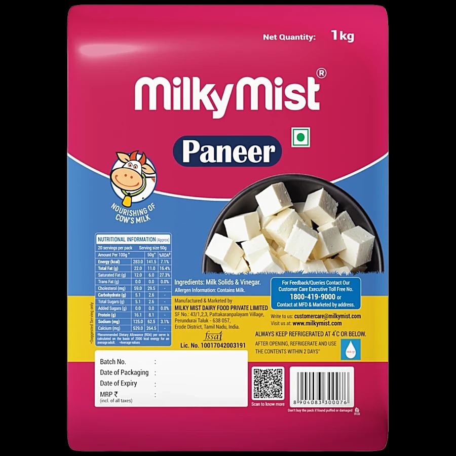 Milky Mist Fresh Paneer – Multiple Pack Sizes