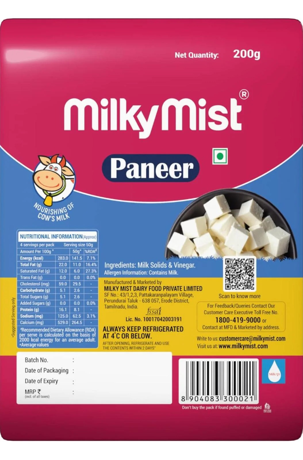 Milky Mist Fresh Paneer – Multiple Pack Sizes